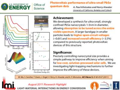 Photovoltaic performance of ultra-small PbSe quantum dots A. Paul Alivisatos and Harry Atwater University of California, Berkeley and Caltech Achievement: We developed a synthesis for ultra-small, strongly