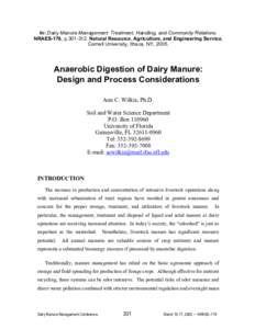 In: Dairy Manure Management: Treatment, Handling, and Community Relations. NRAES-176, pNatural Resource, Agriculture, and Engineering Service, Cornell University, Ithaca, NY, 2005. Anaerobic Digestion of Dairy 