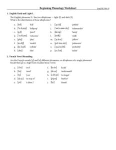 Beginning Phonology Worksheet 1. English Dark and Light L Te English phoneme /L/ has two allophones — light [l] and dark [ɫ]. What is the distribution of these allophones? a. [hɪɫ]