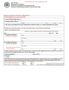 This form must be type written or computer generated.  State of Utah Department of Commerce Division of Corporations & Commercial Code Statement of Partnership Authority (General Partnership)