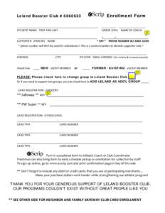 Enrollment Form  Leland Booster Club # _______________________________________________________ STUDENT NAME: FIRST AND LAST