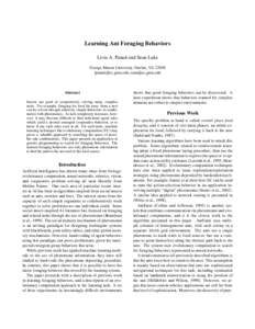 Learning Ant Foraging Behaviors Liviu A. Panait and Sean Luke George Mason University, Fairfax, VA 22030 ,   Abstract