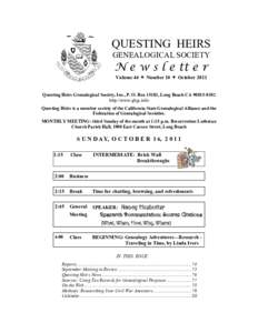 QUESTING HEIRS GENEALOGICAL SOCIETY N e w s l e tt e r Volume 44  Number 10  October 2011