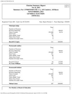 GEMS ELECTION RESULTS  Election Summary Report Nov 8, 2011 Summary For 1 PORTSMOUTH 1-A, All Counters, All Races NOVEMBER 8, 2011