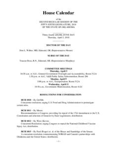 House Calendar of the SECOND REGULAR SESSION OF THE FIFTY-SIXTH LEGISLATURE, 2018 OF THE STATE OF OKLAHOMA __________