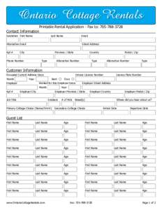 Ontario Cottage Rentals Contact Information Printable Rental Application - Fax to: Salutation First Name