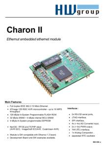 Charon II Ethernut embedded ethernet module Main Features Full duplex IEEEMb/s Ethernet ATmega 128 RISC AVR microcontroller - up to 16 MIPS