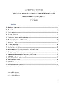 UNIVERSITY OF DELAWARE COLLEGE OF AGRICULTURE AND NATURAL RESOURCES (CANR) POLICIES & PROCEDURES MANUAL JANUARYContents