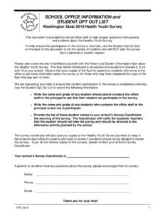 2016  SCHOOL OFFICE INFORMATION and STUDENT OPT OUT LIST Washington State 2016 Health Youth Survey