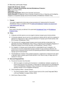 UC Davis Policy and Procedure Manual Chapter 380, Personnel—General Section 17, Improper Governmental Activities/Whistleblower Protection Date: , revSupersedes: Responsible Department: Offices