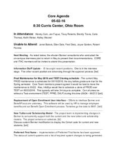 Core Agenda  05­02­16  8:30 Curris Center, Ohio Room    In Attendance:  ​ Wendy Cain, Jan Fuqua, Tracy Roberts, Brantly Travis, Carla 