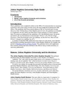 JHU Office of Communications Style Guide  page 1 Johns Hopkins University Style Guide Updated	August	2016