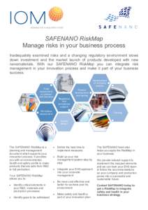 SAFENANO RiskMap Manage risks in your business process Inadequately examined risks and a changing regulatory environment slows down investment and the market launch of products developed with new nanomaterials. With our 