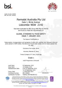 Auditor Number: BRC Site Code: Parmalat Australia Pty Ltd Gate 1, Birnie Avenue