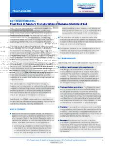 FDA AT A GLANCE  KEY REQUIREMENTS: Final Rule on Sanitary Transportation of Human and Animal Food The FDA Food Safety Modernization Act (FSMA) rule on Sanitary Transportation of Human and Animal