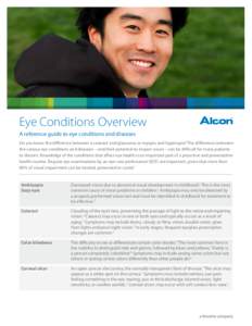 Eye Conditions Overview A reference guide to eye conditions and diseases Do you know the difference between a cataract and glaucoma or myopia and hyperopia? The differences between the various eye conditions and diseases