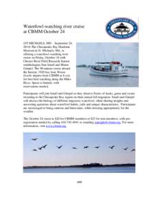 Waterfowl-watching river cruise at CBMM October 24 (ST MICHAELS, MD – September 24, 2014) The Chesapeake Bay Maritime Museum in St. Michaels, Md., is offering a waterfowl-watching river