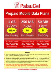 *Plan 3 (1 Day-50 MB) expires daily at 4:00 AM   Before activating any prepaid data plan, turn off mobile data. Turn data on only when you wish to go   