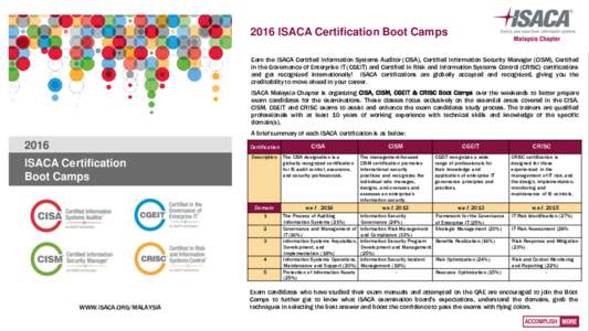 2016 ISACA Certification Boot Camps Earn the ISACA Certified Information Systems Auditor (CISA), Certified Information Security Manager (CISM), Certified in the Governance of Enterprise IT (CGEIT) and Certified in Risk a