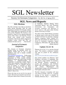 SGL Newsletter Society for Germanic Linguistics Vol. 22, No. 1, SpringSGL News and Reports