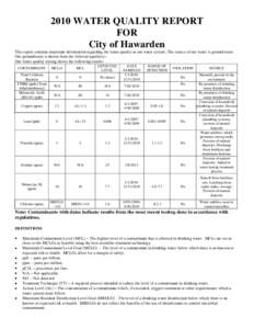 2010 WATER QUALITY REPORT FOR City of Hawarden This report contains important information regarding the water quality in our water system. The source of our water is groundwater. Our groundwater is drawn from the Alluvia