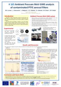 # 165 Ambient Pressure MeV-SIMS analysis of contaminated PTFE aerosol filters B.N. Jones1, J. Demarche2, L. Matjacic2, V.V. Palitsin2, G. Calzolai1, M. Chiari1, R.P. Webb2 2Surrey  1Labec, INFN, Firenze, Italy