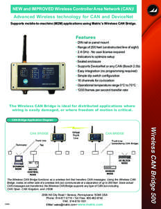 NEW and IMPROVED Wireless Controller Area Network (CAN)!  Advanced Wireless technology for CAN and DeviceNet Supports mobile-to-machine (M2M) applications using Matrics Wireless CAN Bridge.  Features