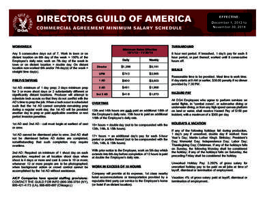 DIRECTORS GUILD OF AMERICA COM M E RCIAL AG R E E M E NT M I N I M U M SALARY SCH E DU LE WORKWEEK Any 5 consecutive days out of 7. Work in town or on distant location on 6th day of the week = 150% of the