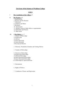 21st Issue of the Statutes of Wadham College INDEX I. The Constitution of the College p.8
