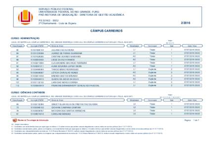 SERVIÇO PÚBLICO FEDERAL UNIVERSIDADE FEDERAL DO RIO GRANDE- FURG PRÓ-REITORIA DE GRADUAÇÃO - DIRETORIA DE GESTÃO ACADÊMICA PSSISU 2º Chamamento - Lista de Espera