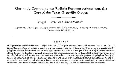 Kinematic Constraints on Rodinla Reconstructions from the Core of the Texas Grenville Orogen loseph F. Reesel and Sharon MosheP Department of Geological Sciences, Jackson School of Geosciences, University of Texas at Aus