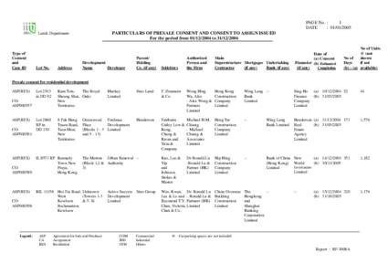 PARTICULARS OF PRESALE CONSENT AND CONSENT TO ASSIGN ISSUED For the period from[removed]to[removed]