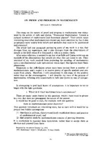 BULLETIN (New Series) OF THE AMERICAN MATHEMATICALSOCIETY Volume 30, Number 2, April 1994 ON PROOF AND PROGRESS IN MATHEMATICS WILLIAM P. THURSTON