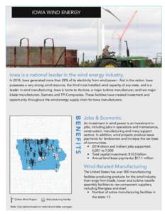 Iowa WIND ENERGY  Iowa is a national leader in the wind energy industry. In 2014, Iowa generated more than 28% of its electricity from wind power - first in the nation. Iowa possesses a very strong wind resource, the thi