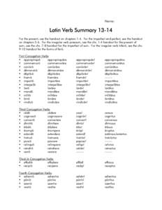 Name:  Latin Verb Summary[removed]For the present, see the handout on chapters 1-4. For the imperfect and perfect, see the handout on chapters 5-6. For the irregular verb praesum, see the chs. 1-4 handout for the present o