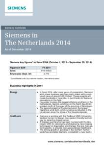 Siemens worldwide  Siemens in The Netherlands 2014 As of December 2014