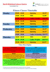 North Mainland Leisure Centre Tel:Fitness Classes Timetable Monday