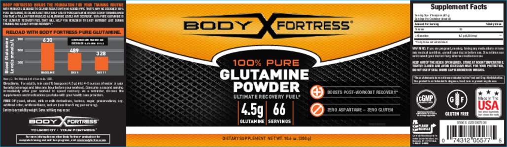 Supplement Facts  BODY FORTRESS® BUILDS THE FOUNDATION FOR YOUR TRAINING ROUTINE WITH PRODUCTS DESIGNED TO DELIVER RESULTS WITH NO ADDED HYPE. THAT’S WHY WE DESIGNED 100% PURE GLUTAMINE, TO DELIVER JUST THAT; ONLY 4.5
