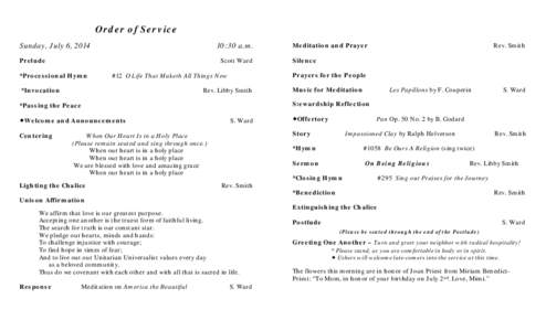 Order of Service Sunday, July 6, [removed]:30 a.m.  Prelude