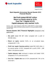 August 30, 2012  Bank Hapoalim Announces Second Quarter 2012 Financial Results:  Net Profit totaled NIS 607 million