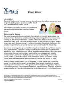 Breast Cancer  Introduction Cancer of the breast is the most common form of cancer that affects women but is no longer the leading cause of cancer deaths. About 1 in 8 women develop breast cancer.