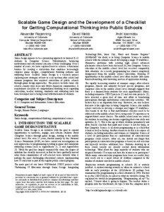 Scalable Game Design and the Development of a Checklist for Getting Computational Thinking into Public Schools Alexander Repenning