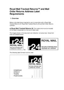 Royal Mail Tracked Returns™ and Mail Order Returns Address Label Requirements 1. Overview Below is the label layout required to use in conjunction with a Royal Mail Tracked Returns 24, Royal Mail Tracked Returns 48 and