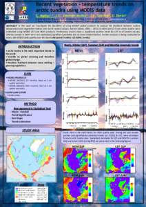 Recent vegetation - temperature trends on arctic tundra using MODIS data C. Mattar1,2, J.C. Jiménez-Muñoz2, J.A. Sobrino2, C. Durán1 1. Laboratory for Research in Environmental Science, University of Chile, Chile (cma