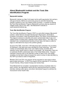 Blacksmith Institute Toxic Site Identification Program Investigator Handbook About Blacksmith Institute and the Toxic Site Identification Program Blacksmith Institute