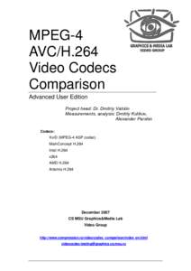 MPEG-4 AVC/H.264 Video Codecs Comparison Advanced User Edition Project head: Dr. Dmitriy Vatolin