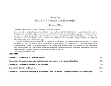 Leviathan Part 3. A Christian Commonwealth Thomas Hobbes Copyright ©2010–2015 All rights reserved. Jonathan Bennett [Brackets] enclose editorial explanations. Small ·dots· enclose material that has been added, but c
