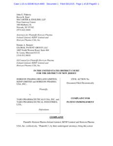 Case 1:15-cv[removed]NLH-AMD Document 1 Filed[removed]Page 1 of 20 PageID: 1  John E. Flaherty Ravin R. Patel McCARTER & ENGLISH, LLP Four Gateway Center