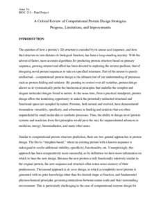 Anne Ye BIOC 218 – Final Project A Critical Review of Computational Protein Design Strategies: Progress, Limitations, and Improvements INTRODUCTION