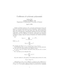 Coefficients of cyclotomic polynomials Jordan Bell  Department of Mathematics, University of Toronto April 3, 2014 Musiker and Reiner present in [12] a marvelous interpretation of the coefficients of